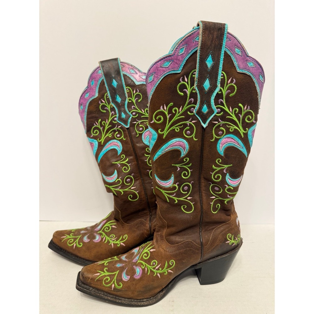 Sterling River Cowgirl Boots Western boots Brown Leather colorful stitched 6.5 B